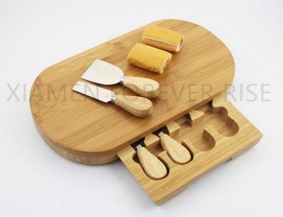 Oval Bamboo Cheese Chopping Board With 4 Piece Knife Hidden Drawer Set